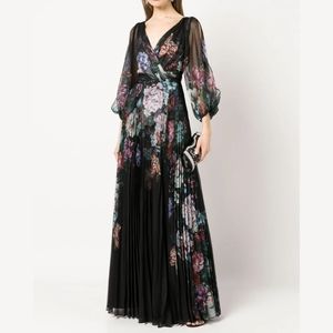 Marchesa Notte Floral-Print Pleated Tulle Gown